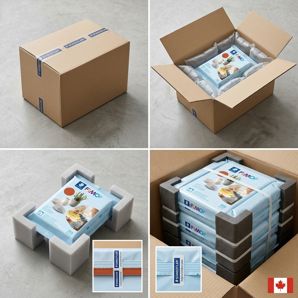 A detailed visual matrix showing STAEDTLER Fimoair 1kg Terracotta perfectly packed inside protective cardboard with airbags and foam for secure transit.