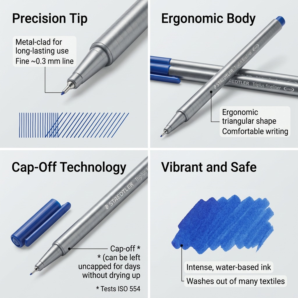 A feature matrix graphic showing precision, ergonomics, cap-off dry safe tech, and washable ink for the STAEDTLER blue fineliner.