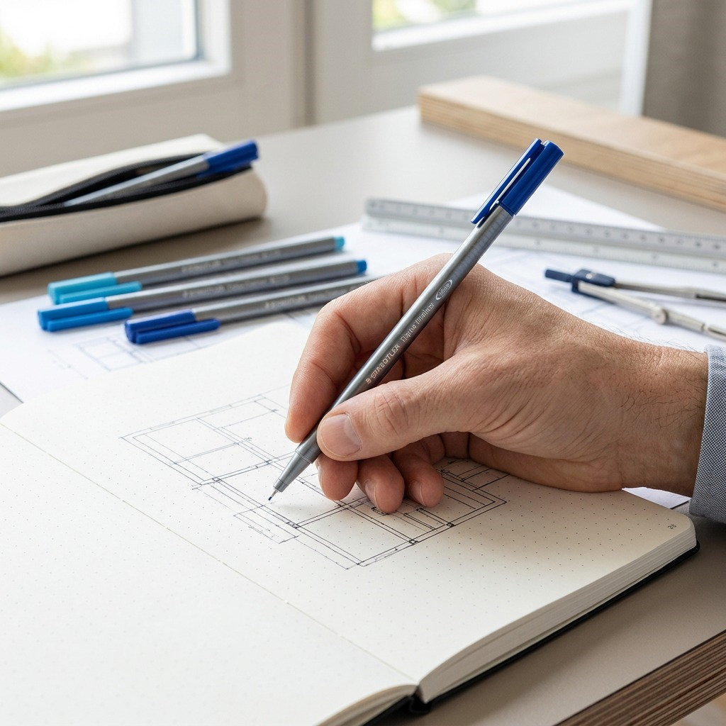 A close-up photograph of the blue STAEDTLER Triplus Fineliner being used to sketch fine lines in an open dotted journal.