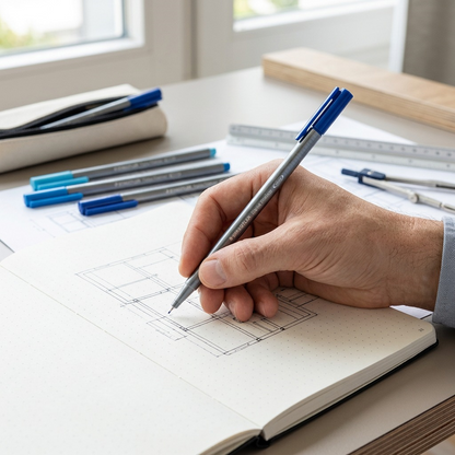 A close-up photograph of the blue STAEDTLER Triplus Fineliner being used to sketch fine lines in an open dotted journal.