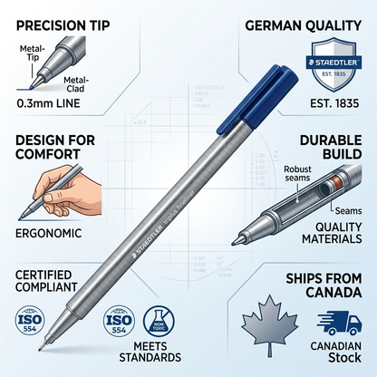 A trust and authority infographic centered on the blue STAEDTLER triplus fineliner, featuring factual specifications, material and manufacturing details, and official certifications, all presented with professional icons and neutral ecommerce styling.