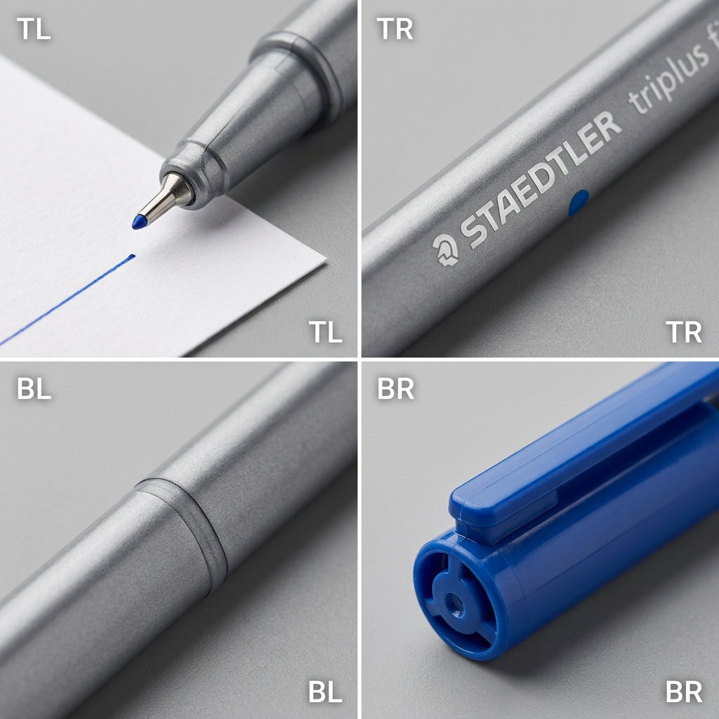 Extreme close-up details of fiber tip, logo engraving, triangular body, and clip cap.