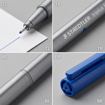 Extreme close-up details of fiber tip, logo engraving, triangular body, and clip cap.