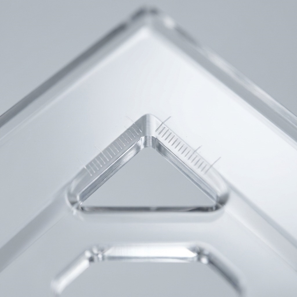 Macro detail of a 12" acrylic set square showing precise 45-degree angle marking.