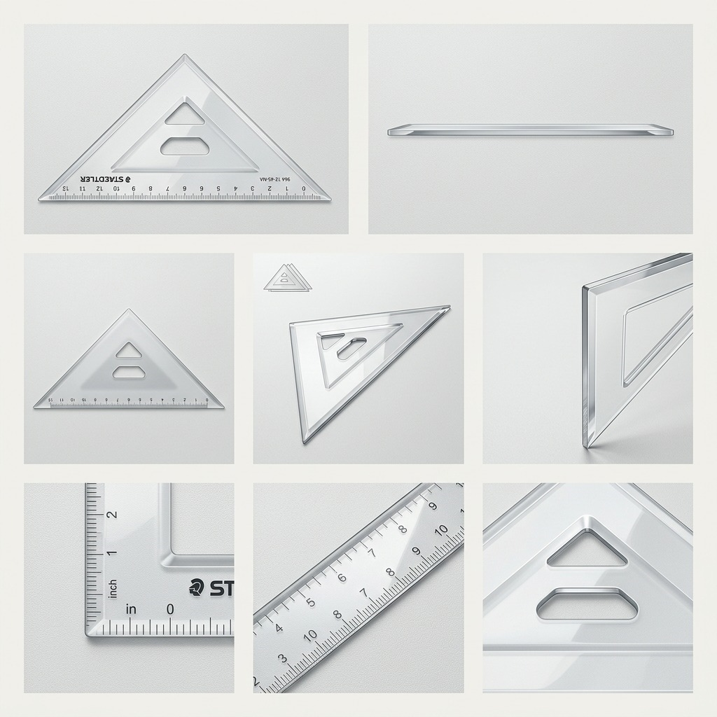 A 3x3 grid displaying the clear Staedtler 12-inch, 45/90 set square from different angles on a light background.