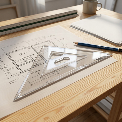 STAEDTLER clear acrylic set square on an architect's desk with plans and pencils, in a lifestyle context.