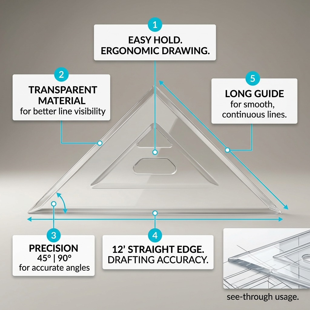 Clear feature callout graphic identifying transparent material and precise angle measurements of a drafting triangle.