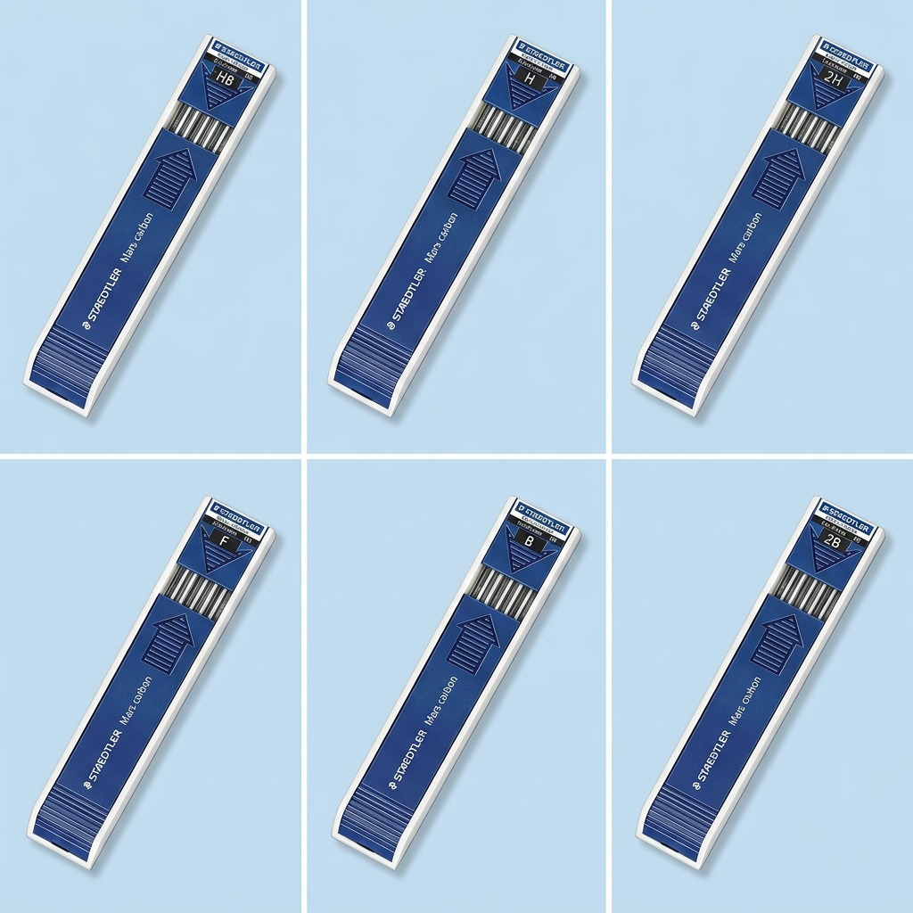 Variant matrix displaying six STAEDTLER Mars Carbon 2mm lead tubes in different hardness grades.