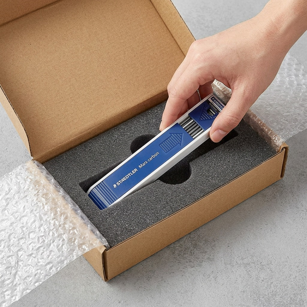 An unboxing scene shows the STAEDTLER lead container protected within custom foam padding.