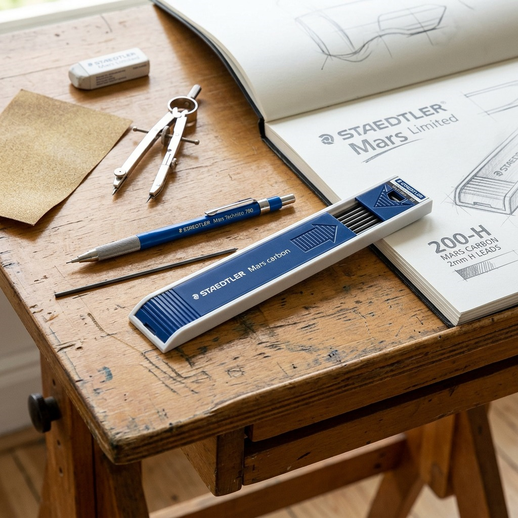 A close-up shot of the STAEDTLER Mars Carbon 2mm lead case on a wooden drawing board, next to a pencil and compass.