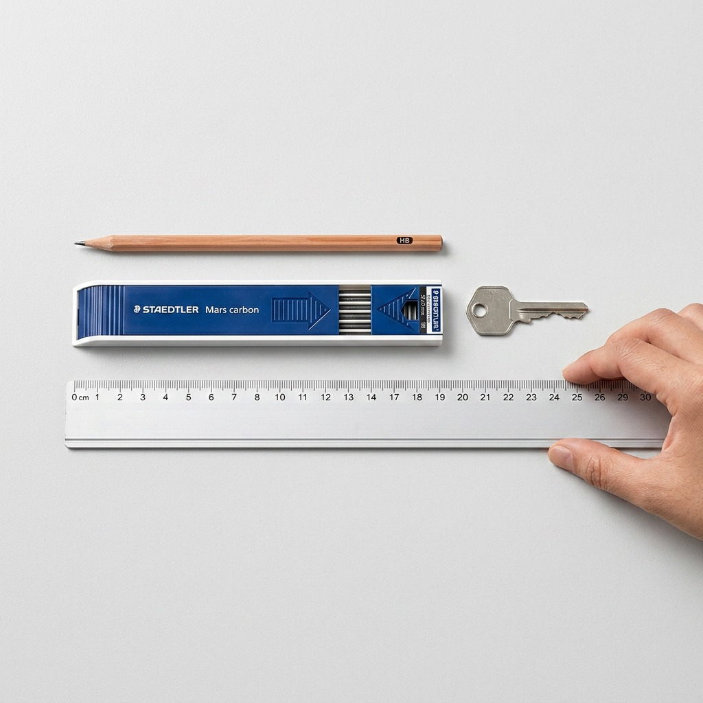 Top-down view of STAEDTLER Mars Carbon leads beside a pencil, key, and 30cm ruler.