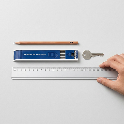 Top-down view of STAEDTLER Mars Carbon leads beside a pencil, key, and 30cm ruler.