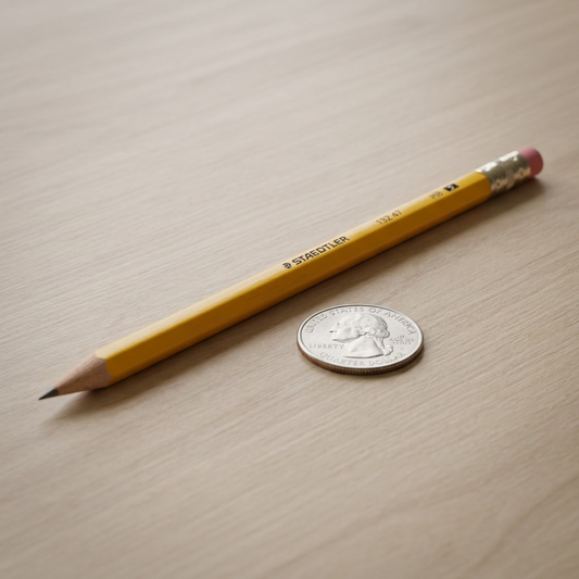 STAEDTLER HB pencil next to a US quarter on a wooden desk for true-to-life scale comparison.