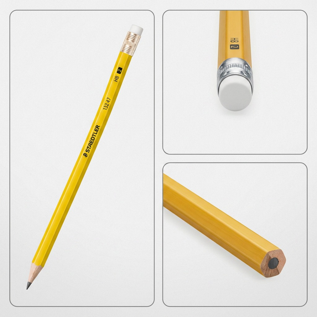 A product matrix showing the STAEDTLER pencil from three orientations: a 3/4 front view displaying branding, a top-down view showing the ferrule and eraser, and a bottom view showing the hexagonal end and sharpened lead point. The layout features six clean squares on a light grey background, with realistic lighting.