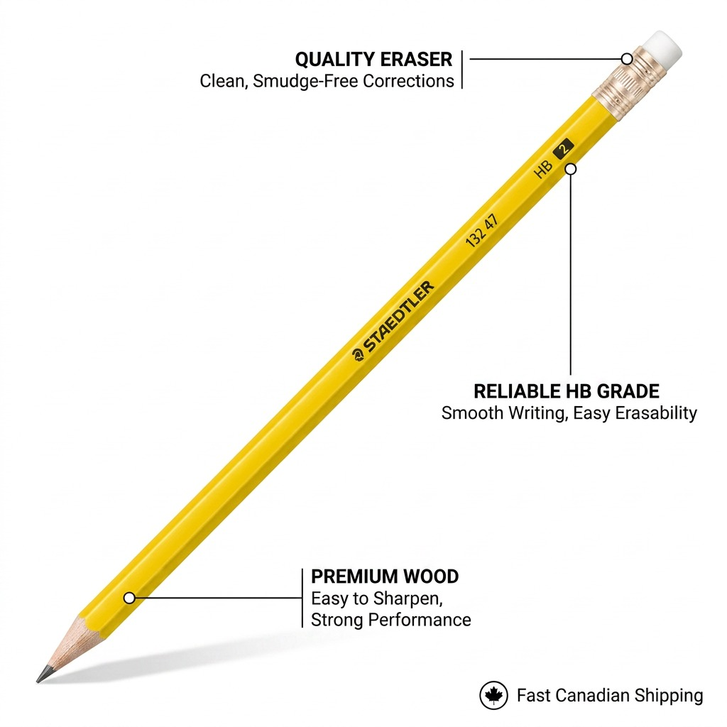 A product specification rundown of the STAEDTLER HB pencil, highlighting its premium features.