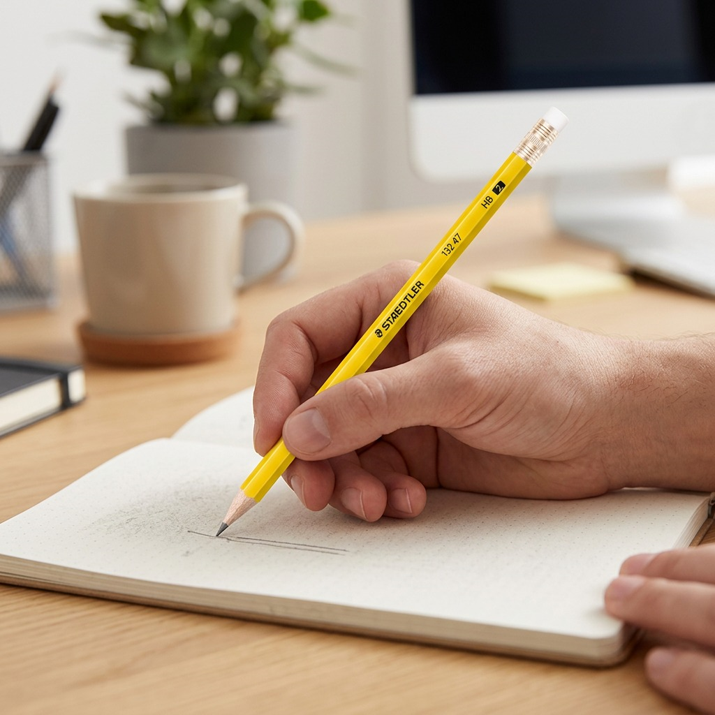Close-up photo of a woman's hand using a yellow Staedtler 132 47 HB pencil on a paper in an office.