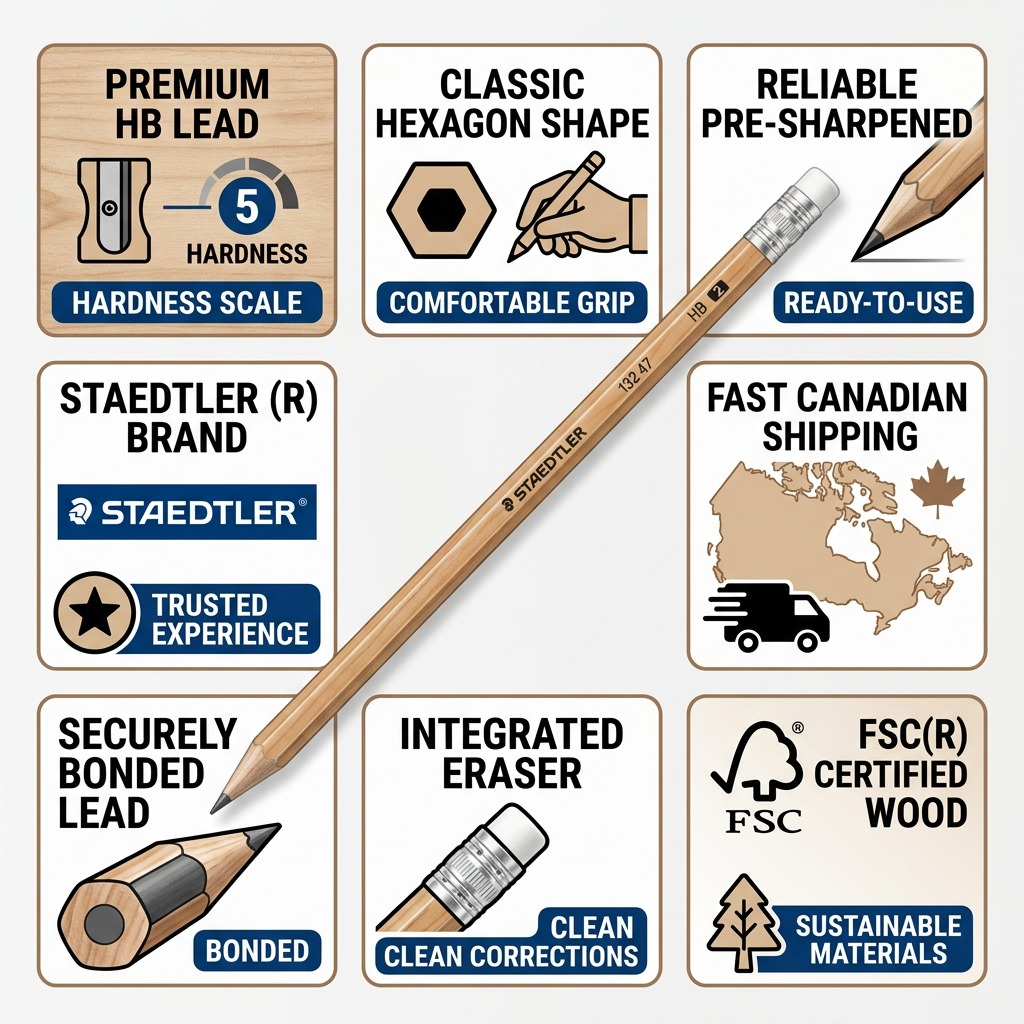 A factual infographic showcasing the features of the STAEDTLER HB pencil and Canadian shipping.