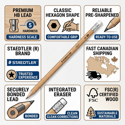 A factual infographic showcasing the features of the STAEDTLER HB pencil and Canadian shipping.
