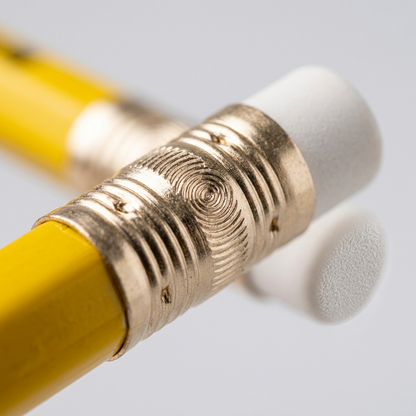 Extreme close-up macro photograph focusing sharply on the gold ferrule and white eraser of the STAEDTLER HB pencil, showing material texture.