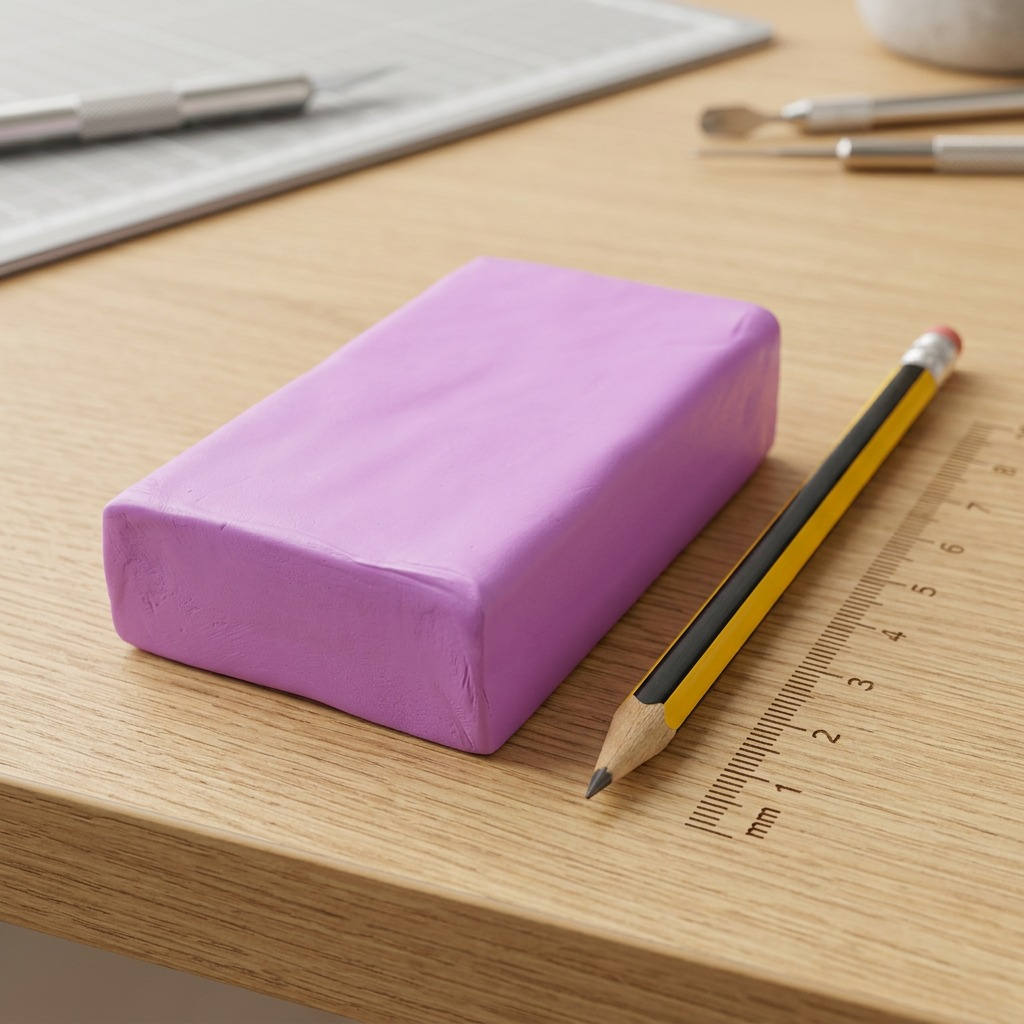 A raw lavender STAEDTLER Fimo clay block on a wood desk beside a pencil for size comparison.