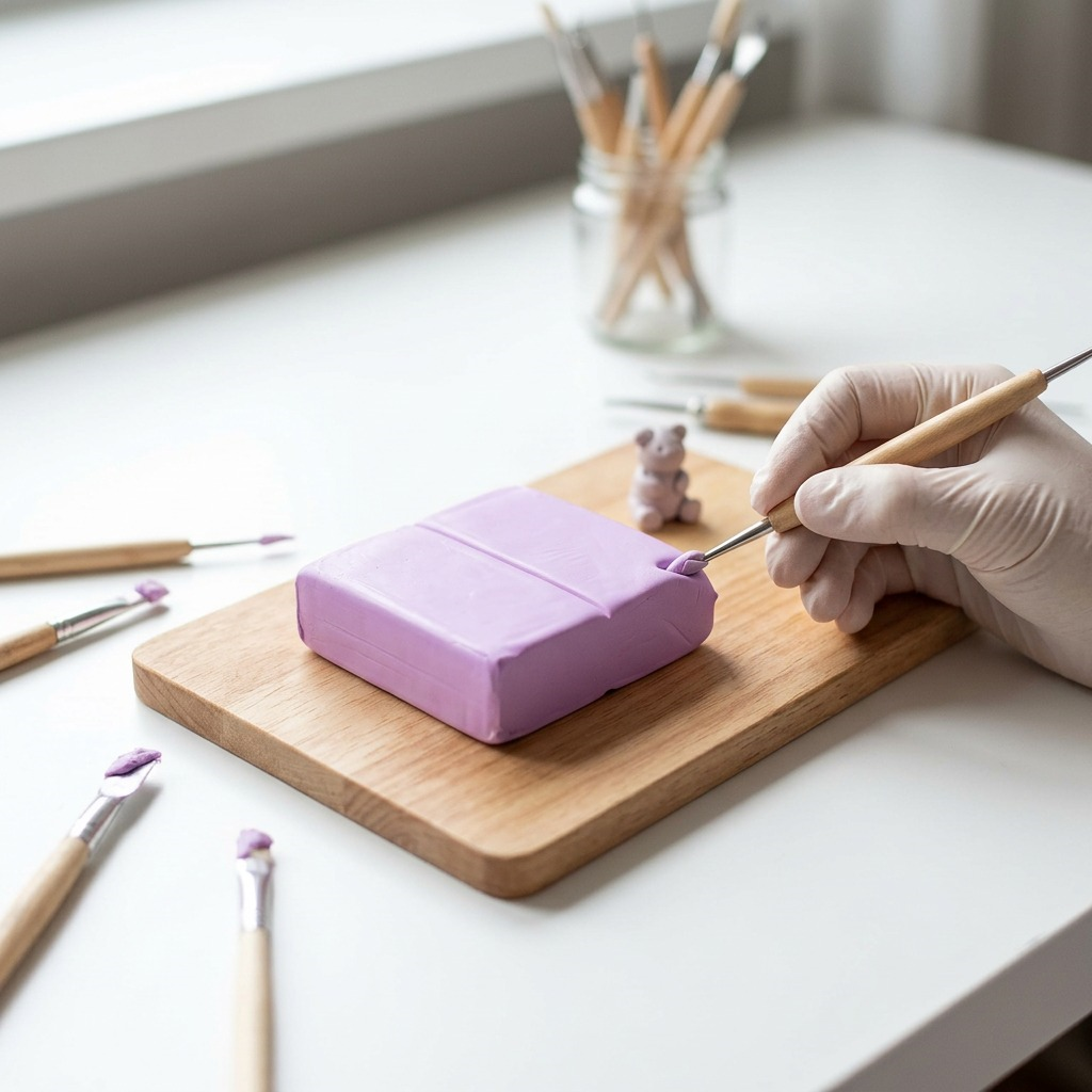 A close-up photograph of a lilac STAEDTLER FIMO Soft clay block, surrounded by scattered modelling tools.