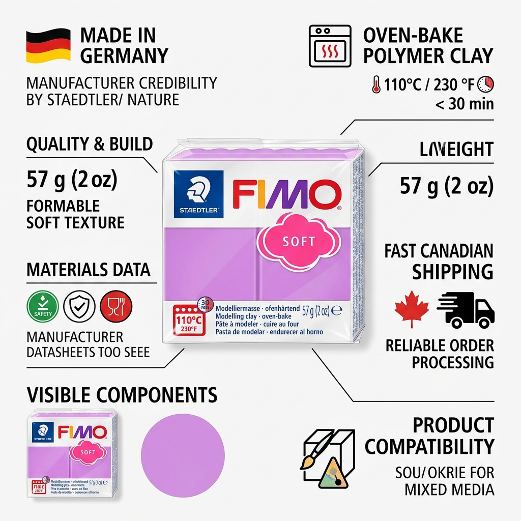 Infographic matrix showing a STAEDTLER Fimo Soft Lavender clay pack with icons detailing product quality, handling, data, and shipping.