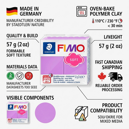 Infographic matrix showing a STAEDTLER Fimo Soft Lavender clay pack with icons detailing product quality, handling, data, and shipping.