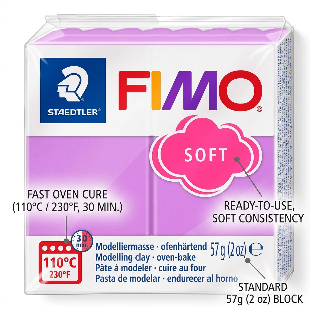 A close-up view of STAEDTLER FIMO Soft Lavender, highlighting key oven-bake usage and weight features.
