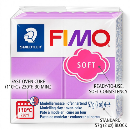 A close-up view of STAEDTLER FIMO Soft Lavender, highlighting key oven-bake usage and weight features.