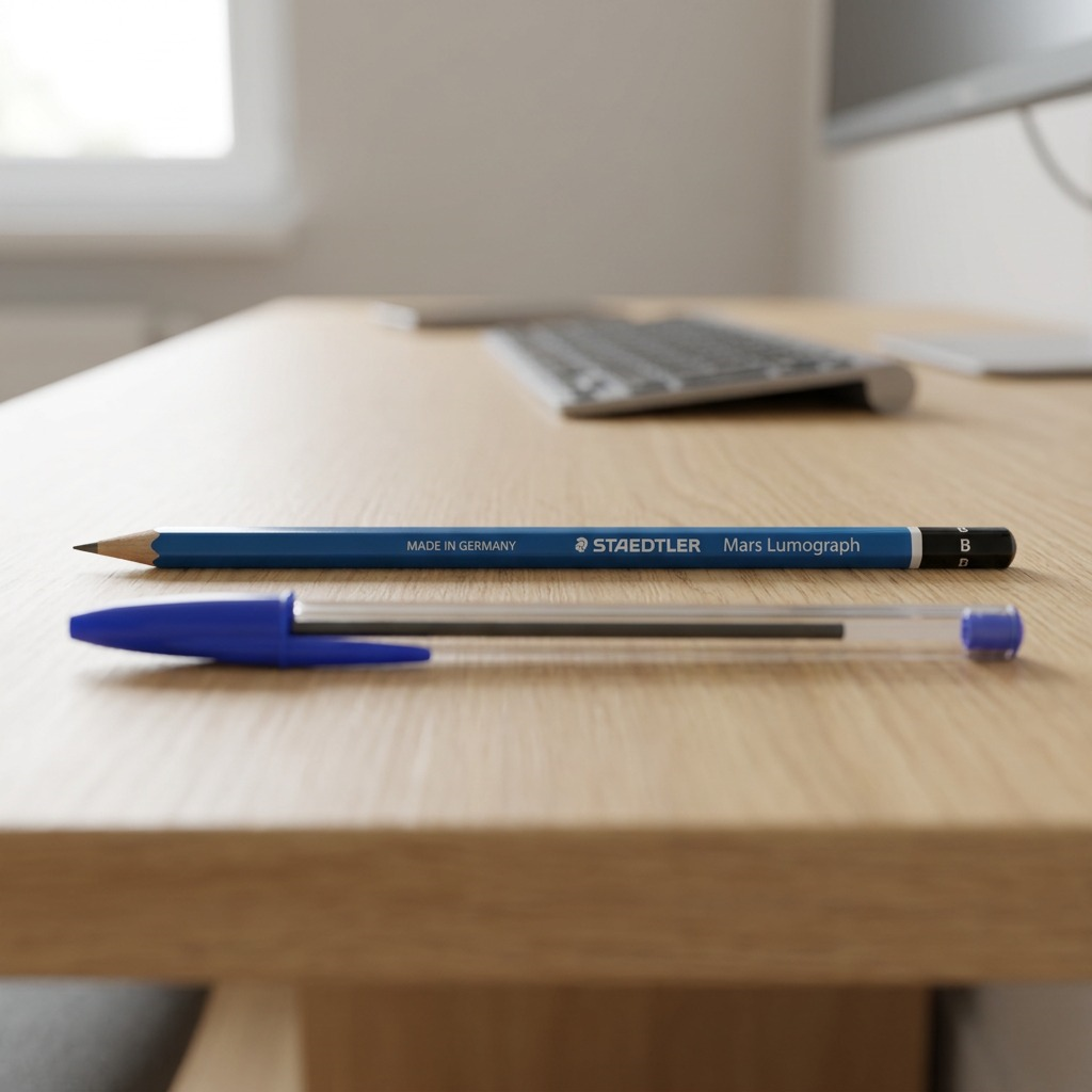 A scale comparison image shows a blue STAEDTLER Mars Lumograph B pencil lying alongside a standard pen on a desk.