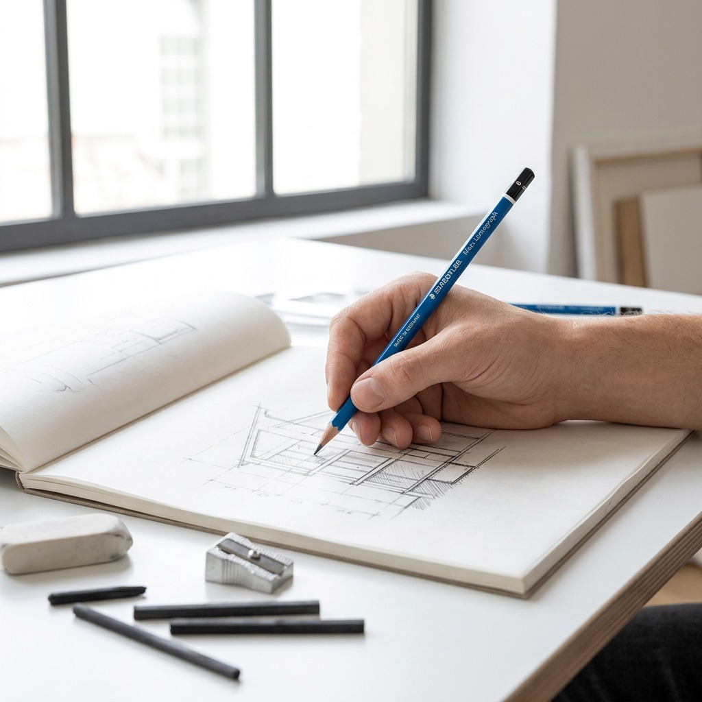 Lifestyle context photo: A hand holding and using the Staedtler Mars Lumograph B pencil to draw details on an architectural sketch on a wooden desk.
