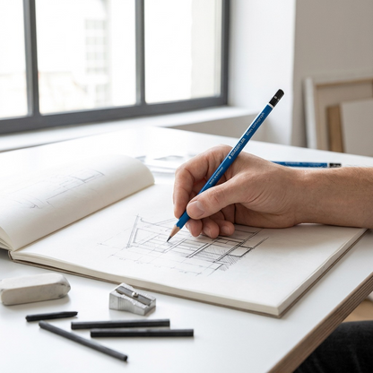 Lifestyle context photo: A hand holding and using the Staedtler Mars Lumograph B pencil to draw details on an architectural sketch on a wooden desk.