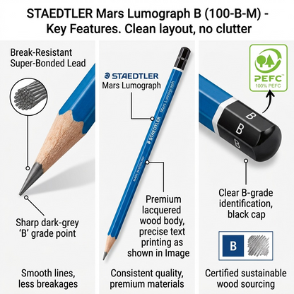 A 3-panel matrix graphic shows the STAEDTLER Mars Lumograph B pencil's key features with concise callouts.