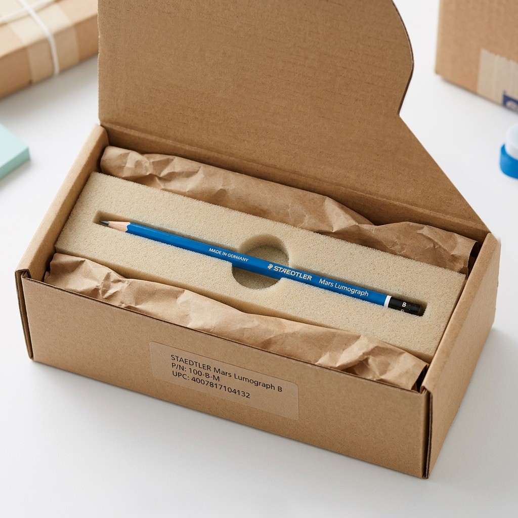 A close-up photograph of a STAEDTLER Mars Lumograph B pencil, protected by packing paper and a padded envelope.