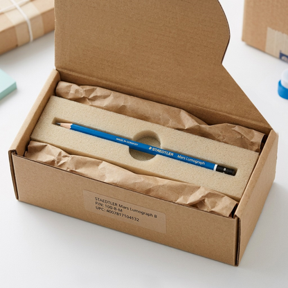 A close-up photograph of a STAEDTLER Mars Lumograph B pencil, protected by packing paper and a padded envelope.