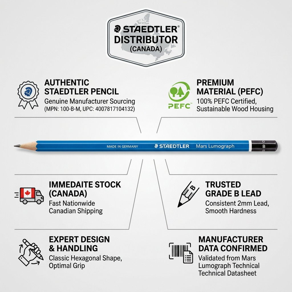 Trust and authority infographic showing a Staedtler Mars Lumograph B pencil with factual product cues.