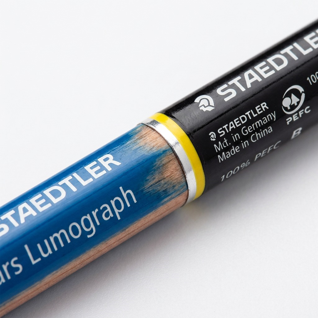 Extreme macro view of the Staedtler Mars Lumograph B pencil's black ferrule and clearly labeled hardness.