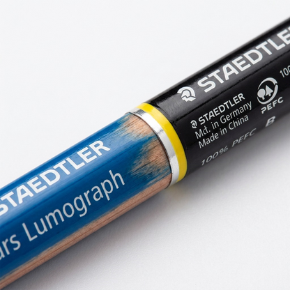 Extreme macro view of the Staedtler Mars Lumograph B pencil's black ferrule and clearly labeled hardness.
