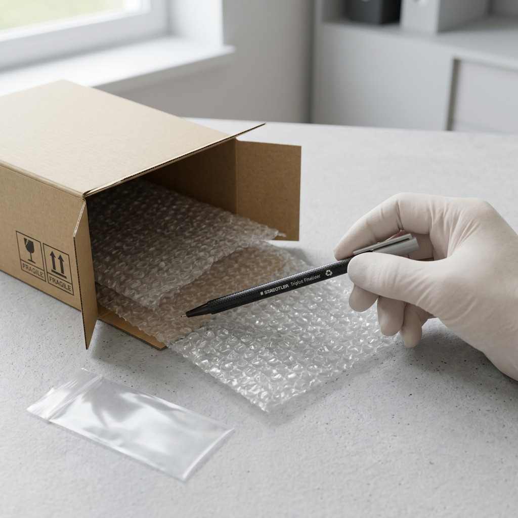 An unboxing scene shows a STAEDTLER triplus fineliner (image 0.png) partially lifted from a clean cardboard box and protective bubble wrap.