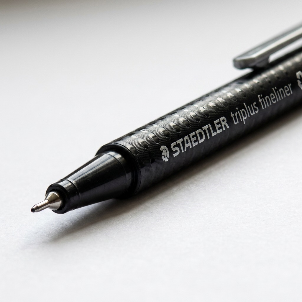 A macro photograph focuses on the fine tip and the precise brand lettering on the pen.