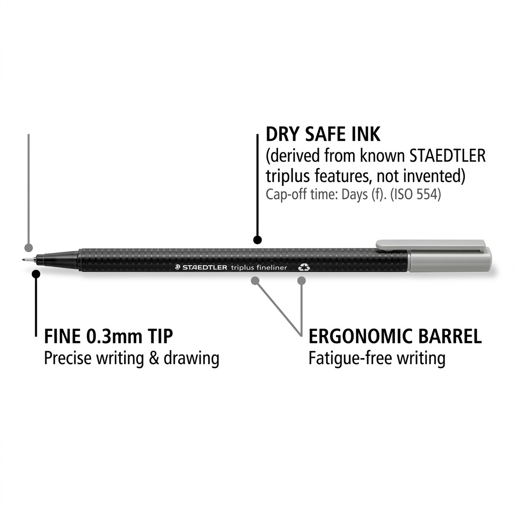 A clean ecommerce graphic showcasing the STAEDTLER triplus fineliner, with pointer lines highlighting key features: dry safe ink, fine point, and ergonomic triangular barrel. The grey cap and black textured barrel are clearly visible.