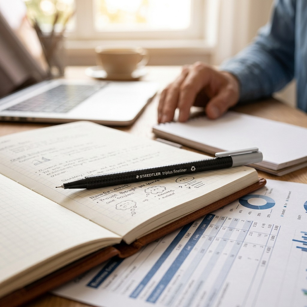 A close-up photograph of the STAEDTLER triplus finseliner (Item Z06ED1D588WXMG8XLG5M) in a lifestyle setting, held by a hand over a planner, highlighting its textured barrel and grey cap.