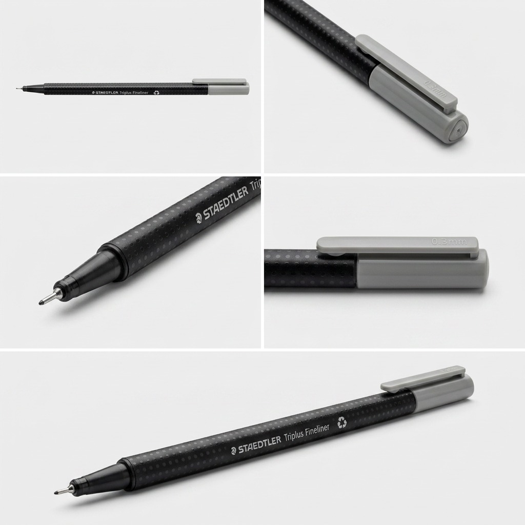 An ecommerce matrix showing the STAEDTLER Triplus Fineliner pen from five different angles on a light grey background, highlighting its design.