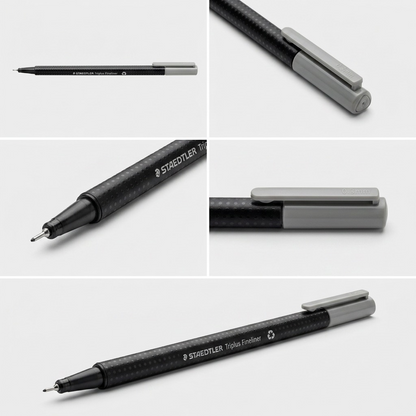 An ecommerce matrix showing the STAEDTLER Triplus Fineliner pen from five different angles on a light grey background, highlighting its design.