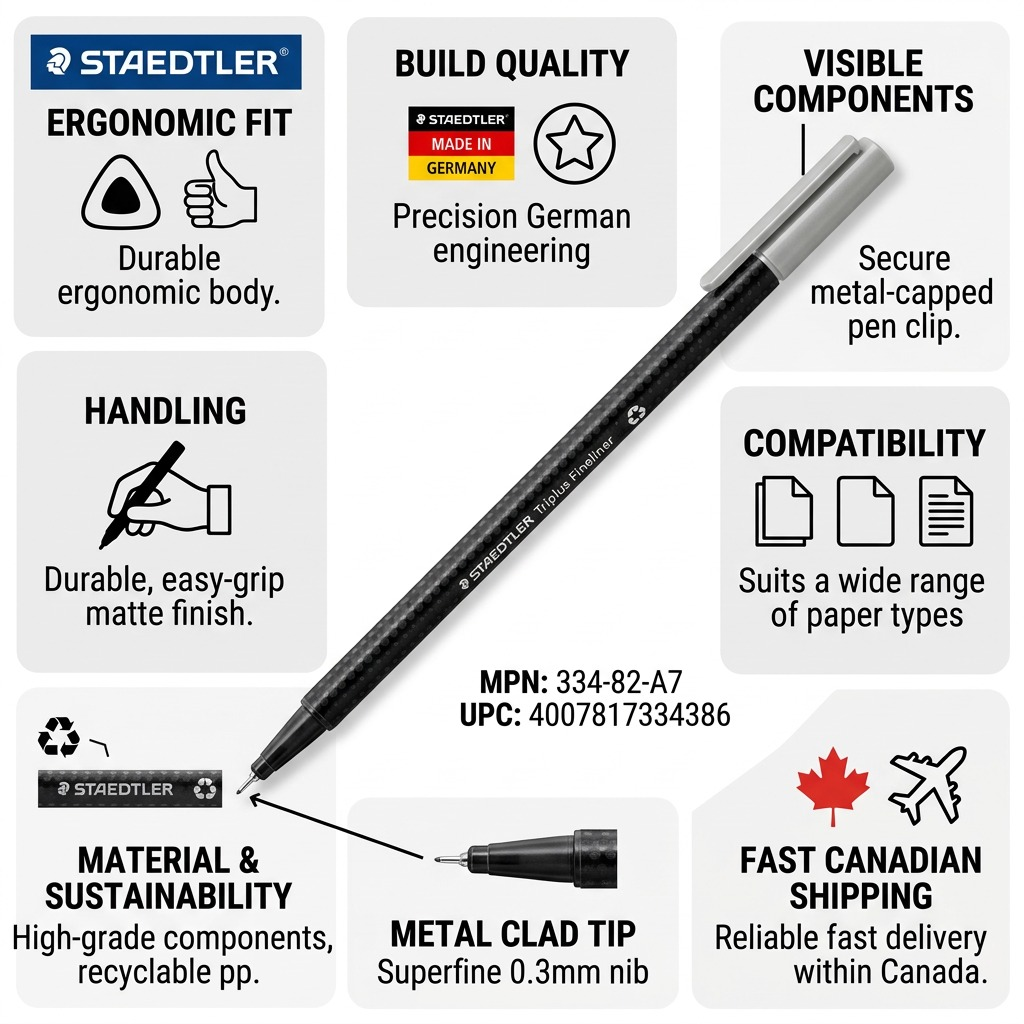 STAEDTLER Triplus Fineliner infographic with trust cues and Canadian shipping.