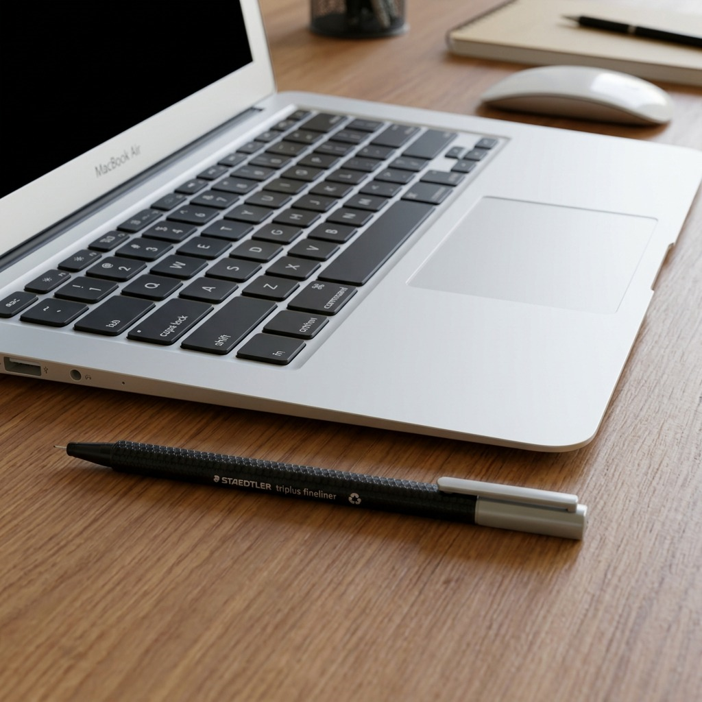A scale reference shot showing the STAEDTLER triplus fineliner next to a laptop keyboard.