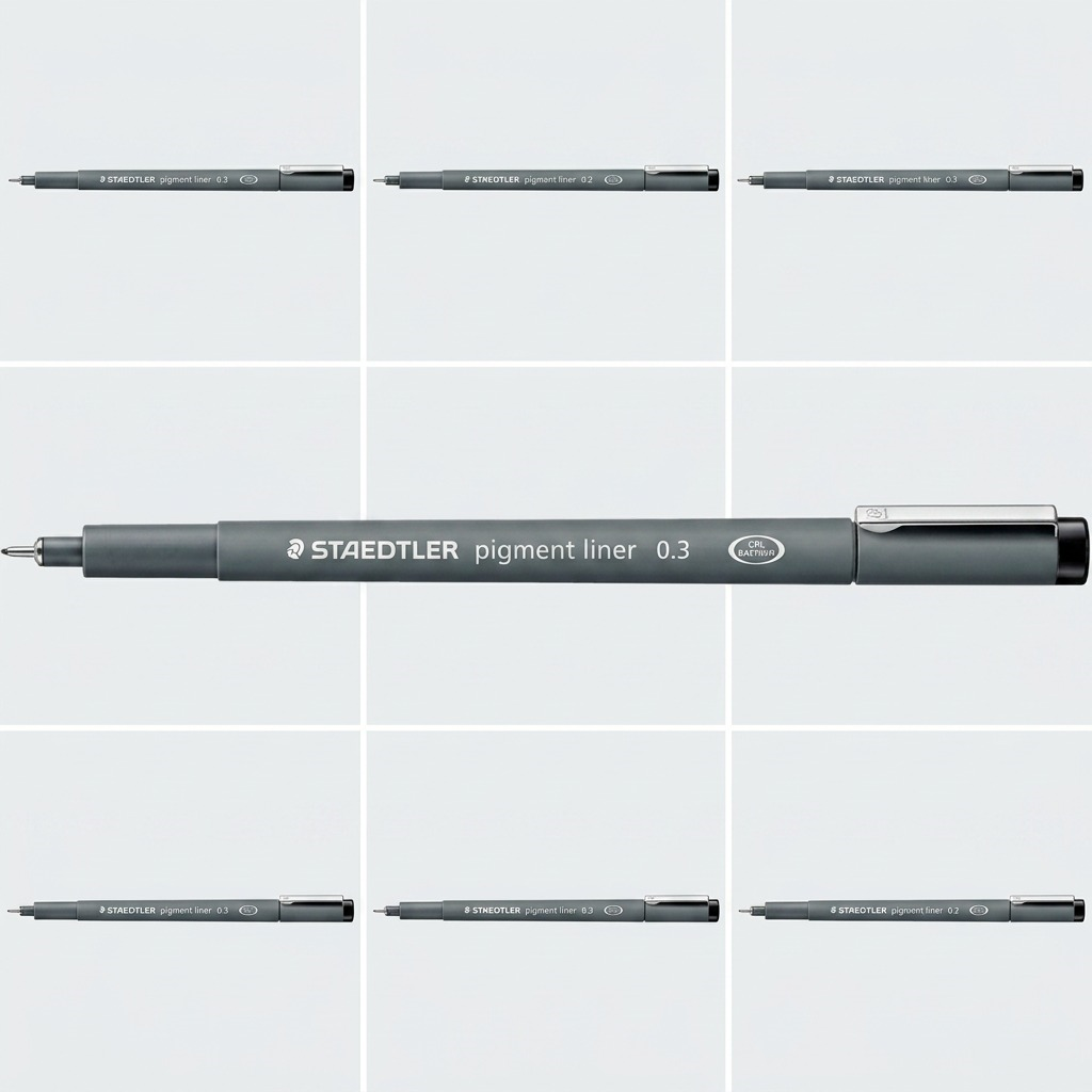 A 3x3 ecommerce grid showing the STAEDTLER pigment liner 0.3mm from various angles.
