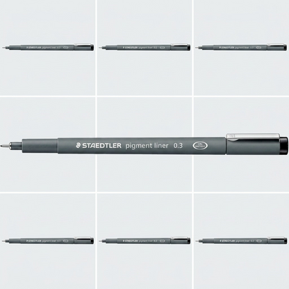 A 3x3 ecommerce grid showing the STAEDTLER pigment liner 0.3mm from various angles.