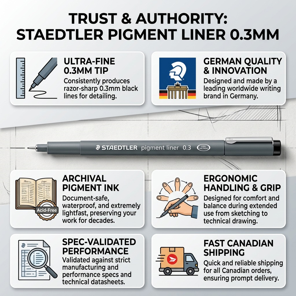 A trust and authority infographic for a 0.3mm black STAEDTLER Fineliner, showcasing reliable features and quality.
