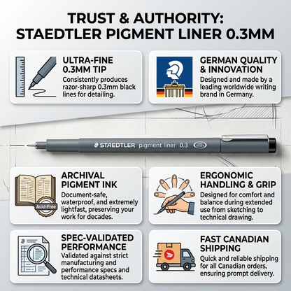 A trust and authority infographic for a 0.3mm black STAEDTLER Fineliner, showcasing reliable features and quality.